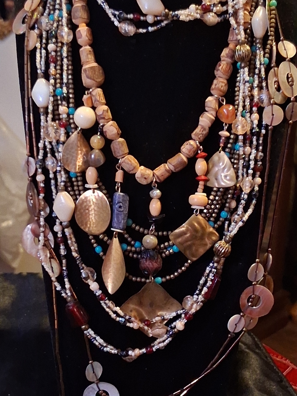 Vintage Boho Statement Necklace Lot 4 Pc Seed Bead Brass Mother of Pearl Shell